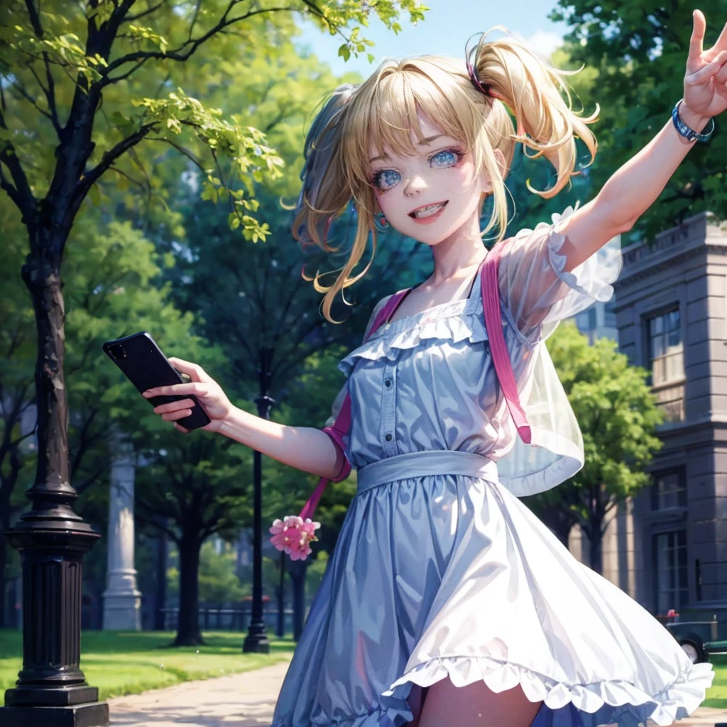 8k, masterpiece,a girl roaming in the park,day time,taking a selfie around greenery trees,smile on face,clear face and perfect symmetry,wear normal small cute dress,half image.