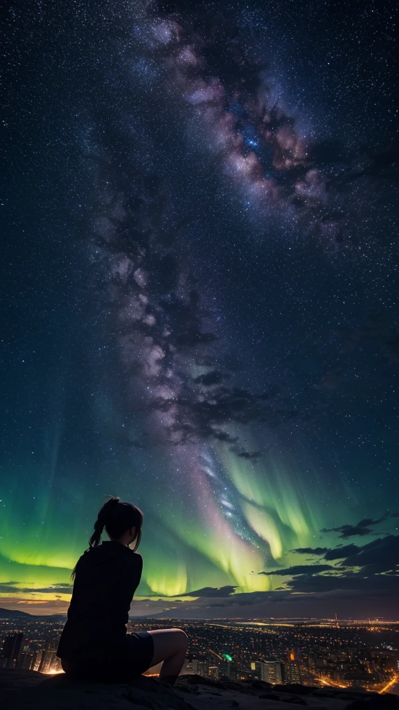 Masterpiece, best quality, 1girl, octane rendering, from distance, at night, sitting and staring at the sky, from behind, city, cityscape, bright city lights, full of stars, shooting stars, milky way, aurora borealis, silhouette 