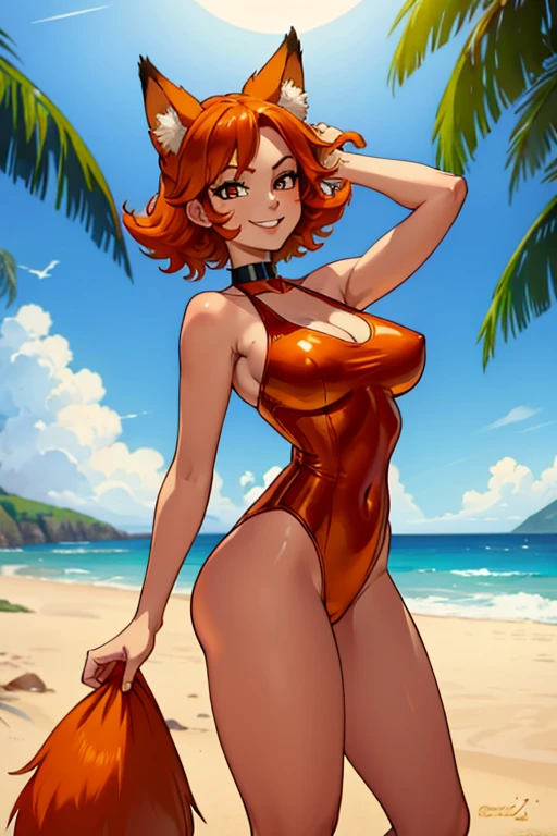 perfect face, perfect hands. An orange haired woman with copper eyes and an hourglass figure and orange fox ears and an orange fox tail in a leather one piece swimsuit is smiling on a beach
