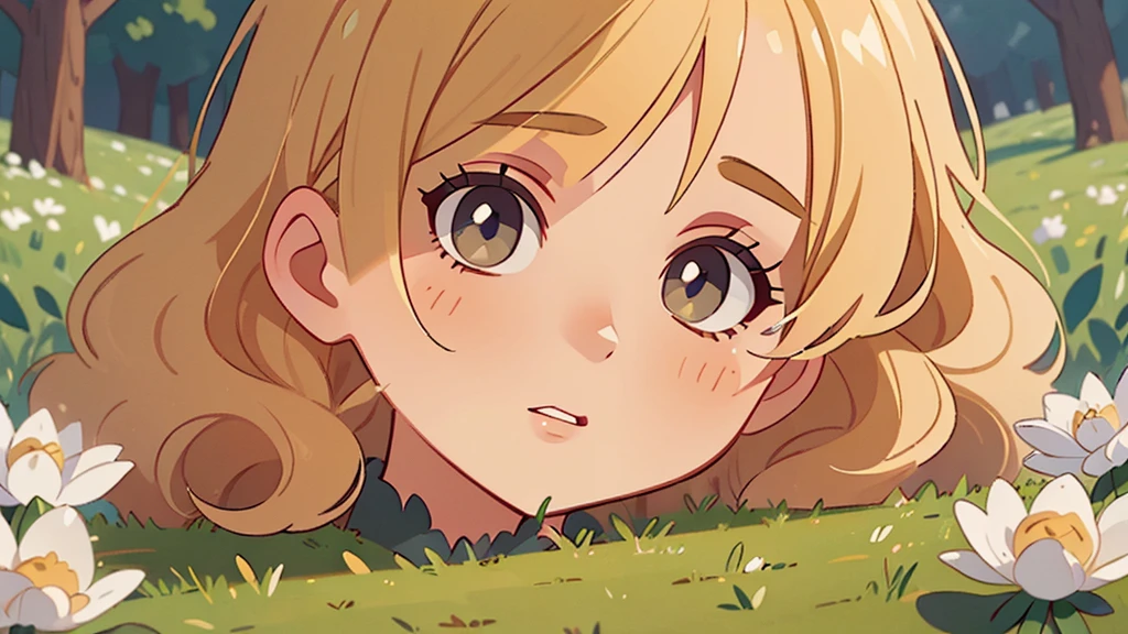 (Masterpiece:1.2), (Best Quality:1.2), Perfect eyes, Perfect face, perfect lighting, 1 girl, mature female in a field, medium blonde hair, Curly hair, Detailed clothing, detailed exterior background, make up, shadow, thick eyelashes, Fancy, looking at the viewer, spring
