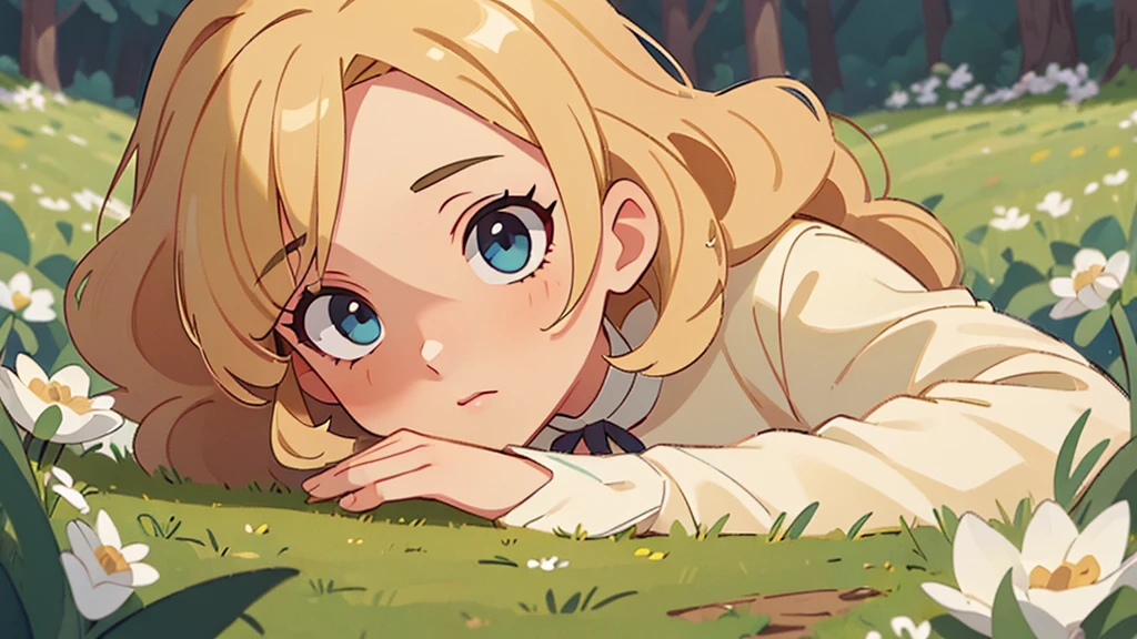 (Masterpiece:1.2), (Best Quality:1.2), Perfect eyes, Perfect face, perfect lighting, 1 girl, mature female in a field, medium blonde hair, Curly hair, Detailed clothing, detailed exterior background, make up, shadow, thick eyelashes, Fancy, looking at the viewer, spring