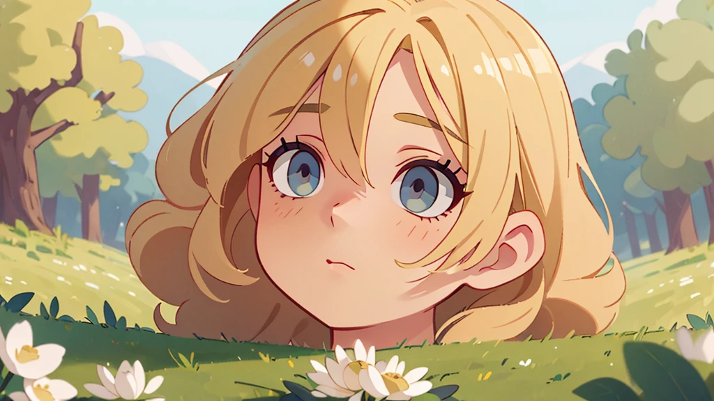 (Masterpiece:1.2), (Best Quality:1.2), Perfect eyes, Perfect face, perfect lighting, 1 girl, mature female in a field, medium blonde hair, Curly hair, Detailed clothing, detailed exterior background, make up, shadow, thick eyelashes, Fancy, looking at the viewer, spring 