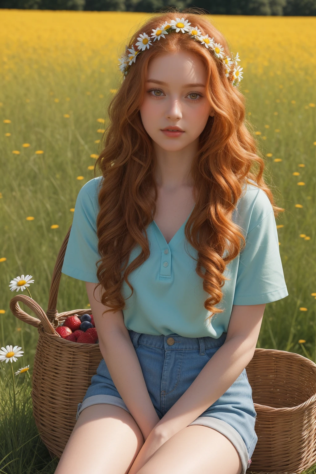 (girl:1.2),alone, (long ginger curly hair:1.1), brown eyes, Wearing a daisy wreath on your head, Sit in a daisy field, (fruit basket:1.1), blue shorts, red shirt,,raw,photographic,photo shadows,actual,Ridiculous,Aesthetic,elegant
