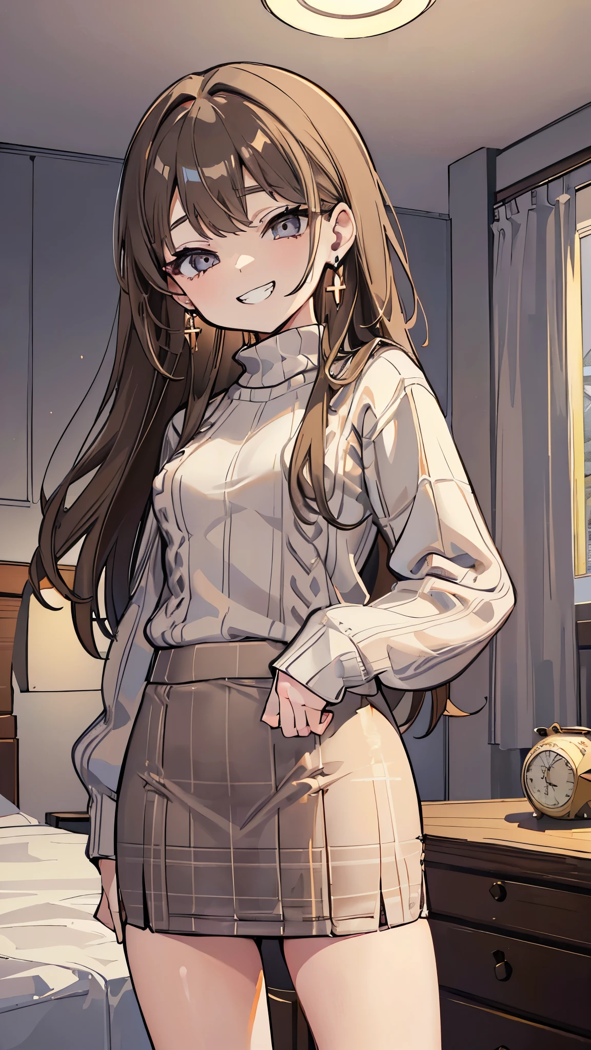((masterpiece、Highest quality、Very detailed))、One girl、Brown Hair、Long Hair、Grey Eyes、evil smile、((Grin))、Earrings、Small breasts、((white sweater))、((light brown plaid pencilskirt))、((panty hose))、Cowboy Shot、Bedroom Background