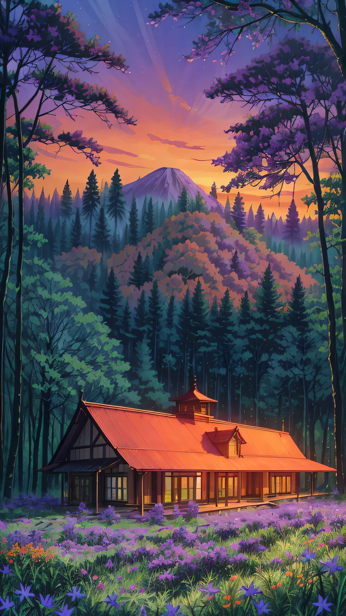 Forest scenery filled with purple wild flowers, green trees and beautiful orange sky and bungalow with blue roof