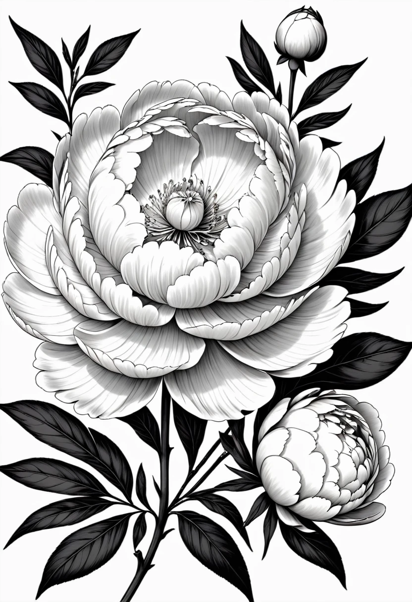 thin line drawing without shading and without black areas, peony drawing, On white background, monochrome, black andwhite, no shadows, white background, clear leaves, white sheets, light white leaves