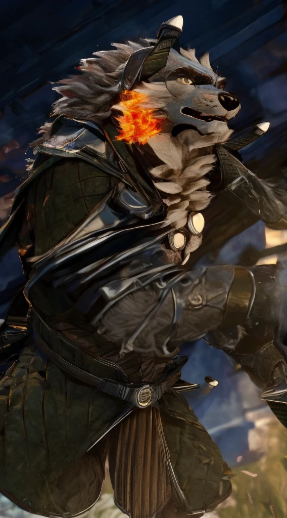 (best quality,4k,8k,highres,masterpiece:1.2),ultra-detailed,(realistic,photorealistic,photo-realistic:1.37), (the ultimate Orochi ranok) staring, wearing a Cyborg armor, with a serious expression on his face, bright red shining eyes, sharan standing against a realistic fiery background, in the style of The King of Fighters 2003, with a sword on his back.