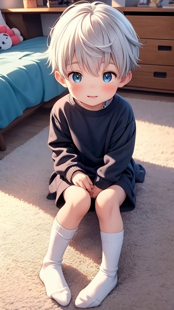 4 year old boy sitting on the floor with his legs crossed and with cute socks with children's drawings his room is so cute and full of sparkles He has fluffy white hair