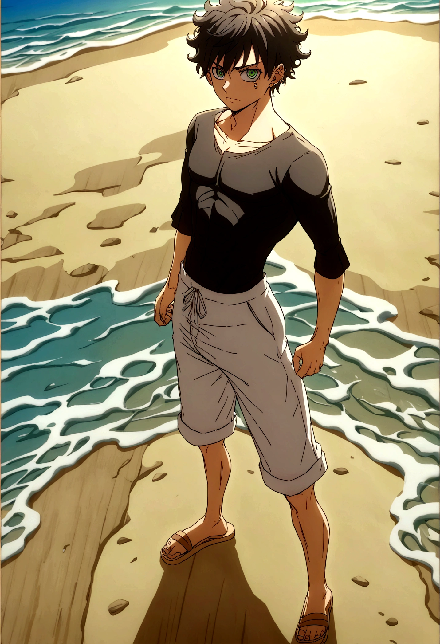 Juan, slim and muscular young man having an attractive appearance in shorts, wavy black hair and piercing green eyes wearing comfortable clothing such as a black compression shirt that highlights his muscles and is loose-fitting., Light black pants that match his shirt and wooden sandals. He is standing on the beach with blue sky.