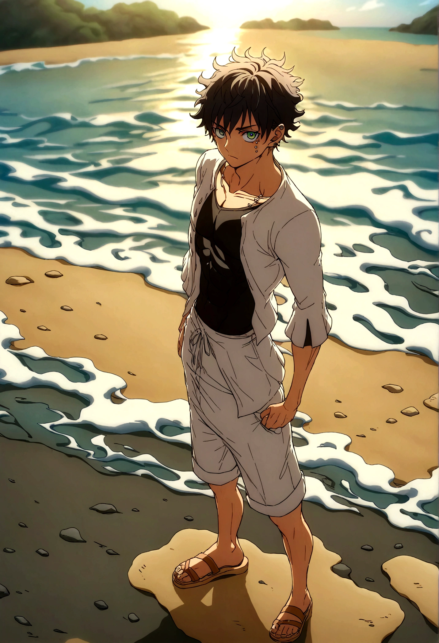 Juan, slim and muscular young man having an attractive appearance in shorts, wavy black hair and piercing green eyes wearing comfortable clothing such as a black compression shirt that highlights his muscles and is loose-fitting., Light black pants that match his shirt and wooden sandals. He is standing on the beach with blue sky.