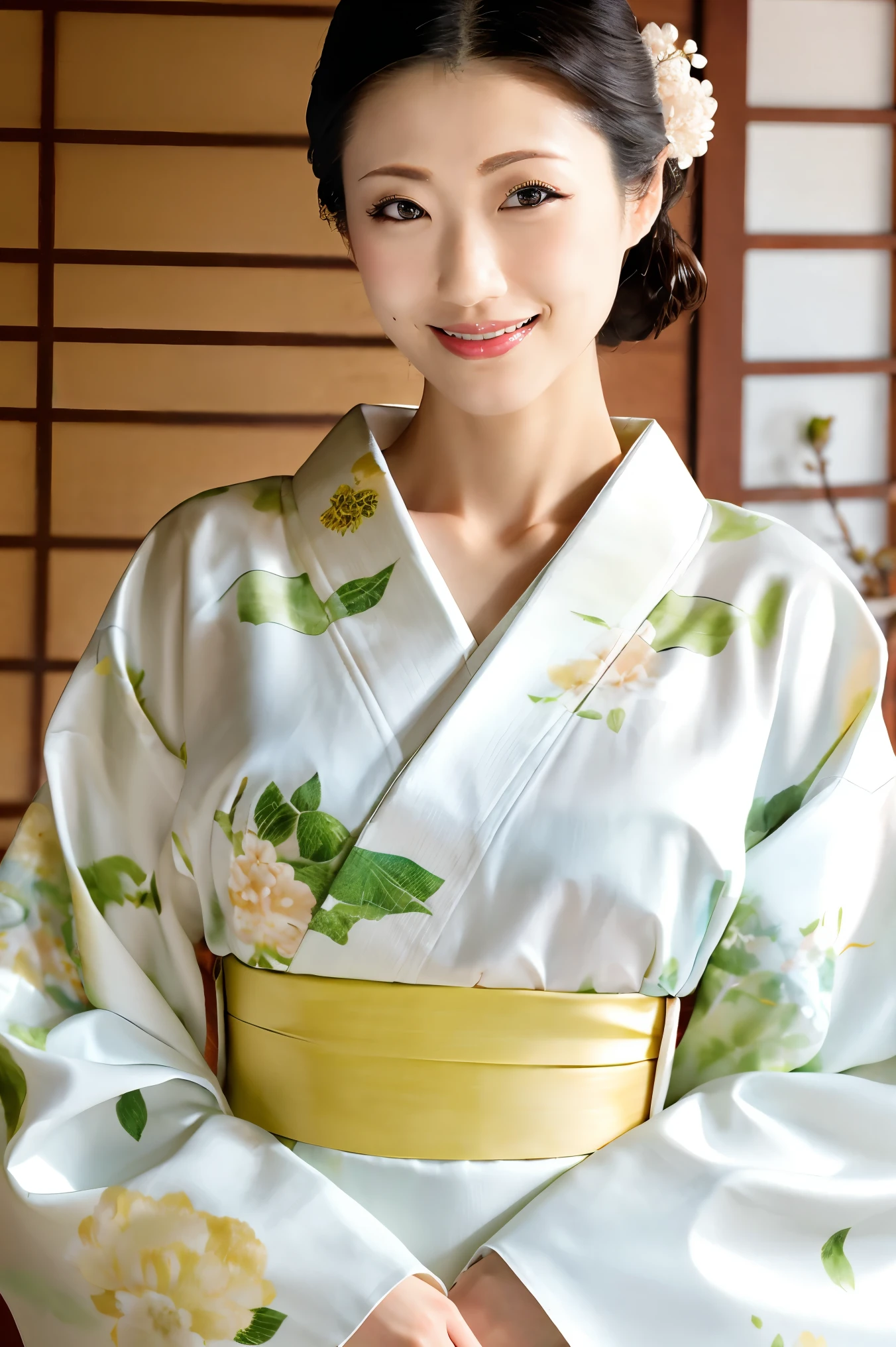 (Highest quality、Tabletop、8K、Best image quality、Award-winning works)、(One beautiful mature woman:1.1)、Adult face、(Innkeeper:1.1)、(Elegant floral kimono:1.2)、(A kimono with a perfect and precise collar:1.2)、Perfect mature woman portrait photo、Glowing Skin、Standing Elegantly、(Blurred elegant and exquisite perfect Japanese style room background:1.3)、(The most natural and perfect tidy Japanese style room background:1.2)、Glowing White Skin、Very white skin、(Accentuate your body lines:1.1)、(The most graceful posture:1.2)、(Large Breasts:1.2)、A perfect smile、Perfect beautiful glossy lips、(Accurate anatomy:1.2)、(A perfect and elegant kimono:1.1)、(Standing with good posture:1.1)、(Beautiful, high-quality, large kimono obi:1.1)