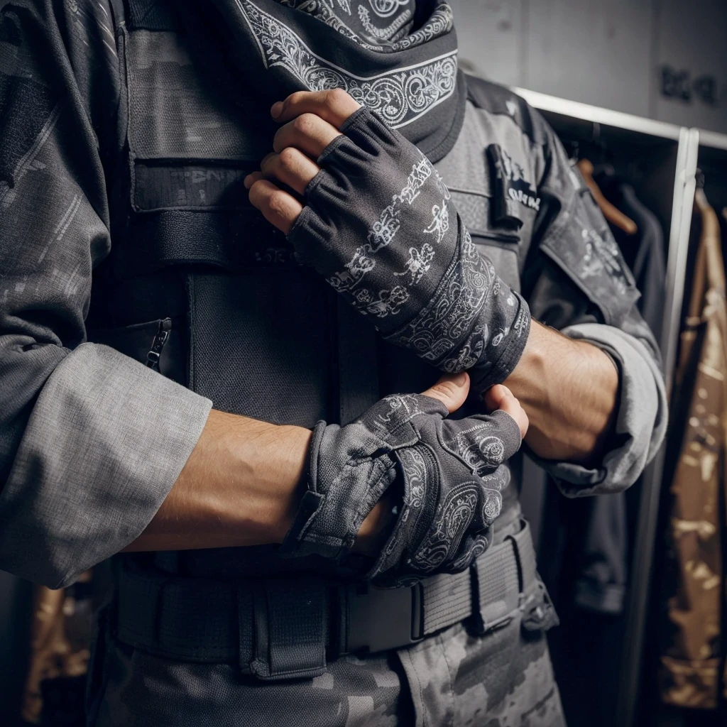 the hand of a man who is taking a bandana, the arm is wearing a long-sleeved gray paintball uniform, the background is blurry in a paintball costume changing room decorated in gray, realistic, cinematic, very detailed, intricate design