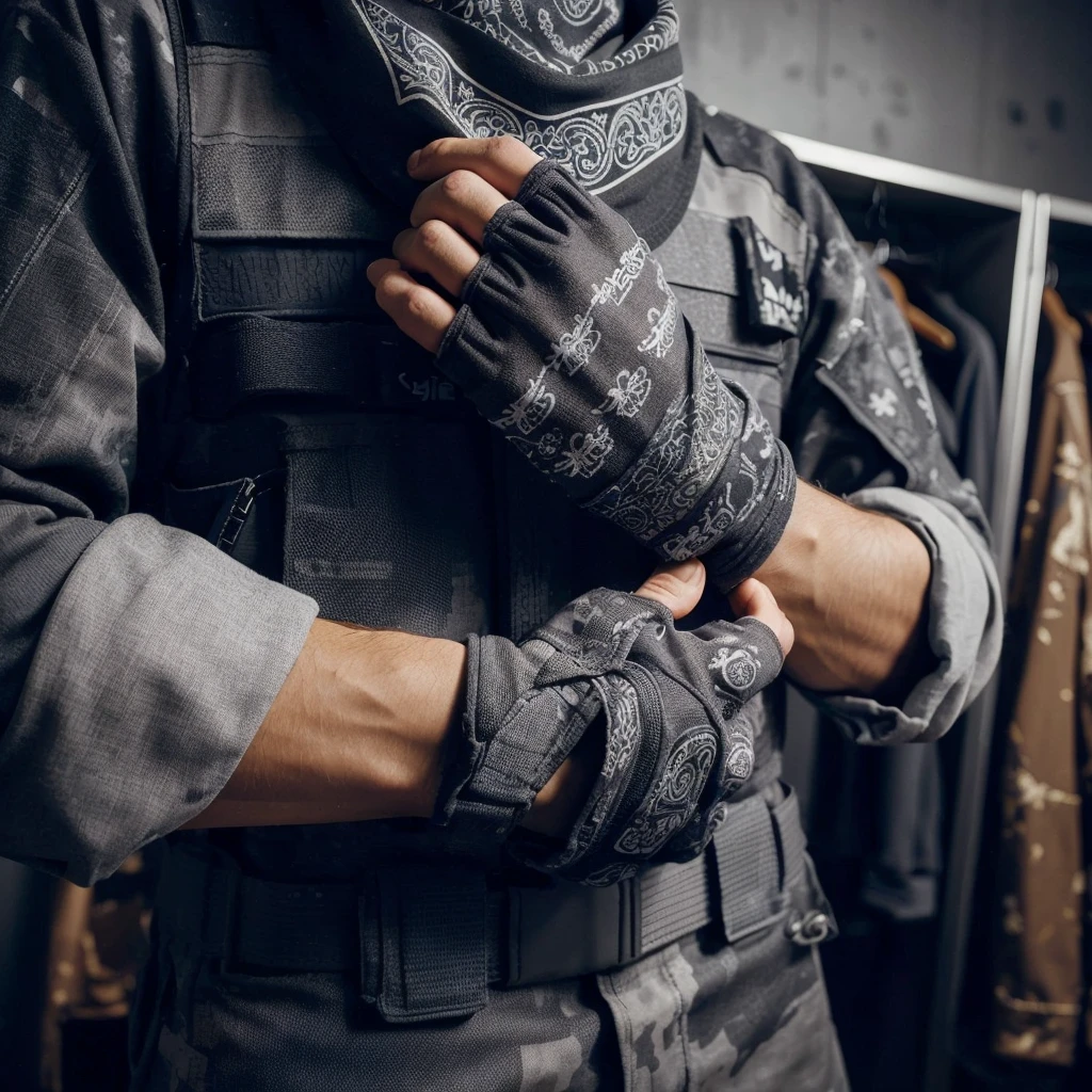 the hand of a man who is taking a bandana, the arm is wearing a long-sleeved gray paintball uniform, the background is blurry in a paintball costume changing room decorated in gray, realistic, cinematic, very detailed, intricate design