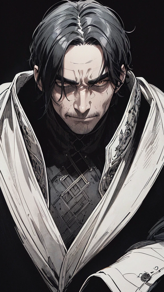 Best quality, (background_detail), high_contrast, detail_original_illustration, warrior, muscular, villain_face, armored, full_body, medieval, deep_wrinkles_brows, youth, man_in_20s, dark_stitch_landscape, (dramatic_lighting:1. 25), (shaded_background:1.2), black_hair(black_short_hair :1.1 ), Large figure, Delicate face, Evil smile, Sharp eyes, Black background, (Black background:1.5), Beautiful line drawing, Black and white