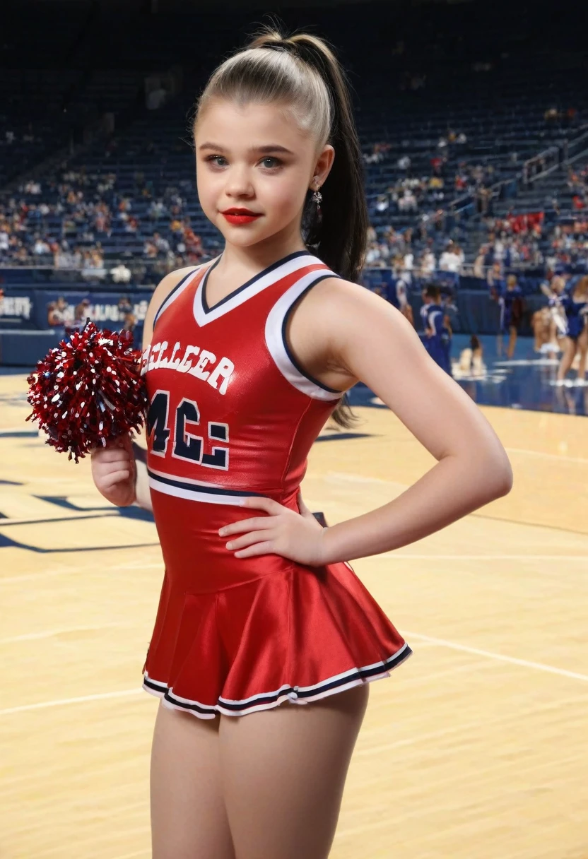 a girl Chloe Moretz in a cheerleader uniform, full body pose long black hair in a ponytail, holding pompoms, cheerleading inside the crisler center, beautiful detailed eyes, beautiful detailed lips, extremely detailed face and features, long eyelashes, sheer and shiny cheerleader minidress, silky tan pantyhose, 5 inch black high heeled stilettoes, red lipstick, dangling earrings, (best quality,4k,8k,highres,masterpiece:1.2),ultra-detailed,(realistic,photorealistic,photo-realistic:1.37),hdr,vivid colors,studio lighting,professional