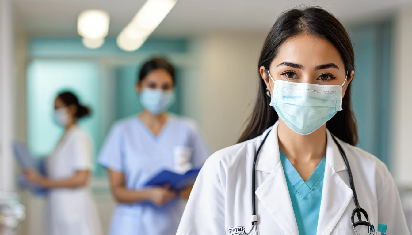 woman wearing a mask working in the health care field, serving patients in a hospital, blurred background