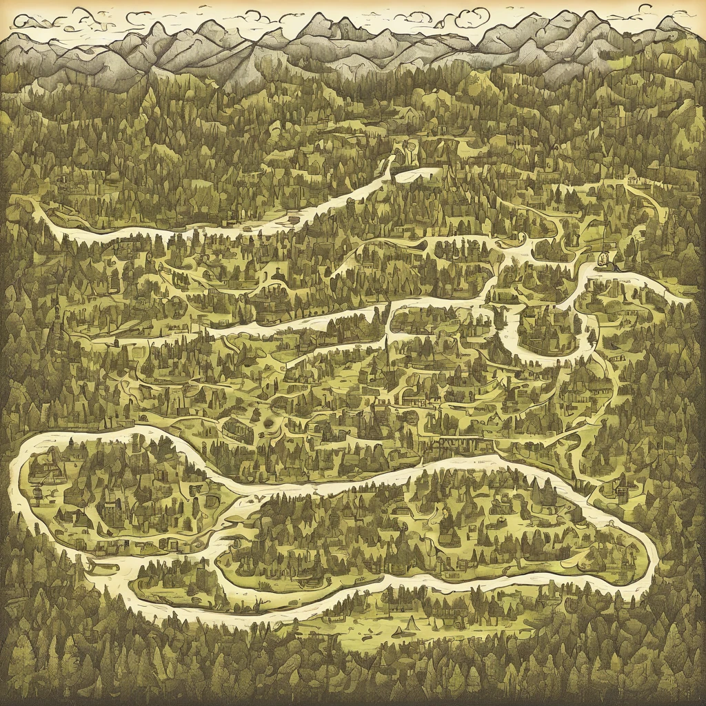 childlike_Boken_forest city illustration map, long paths, tenebrosa, black map
