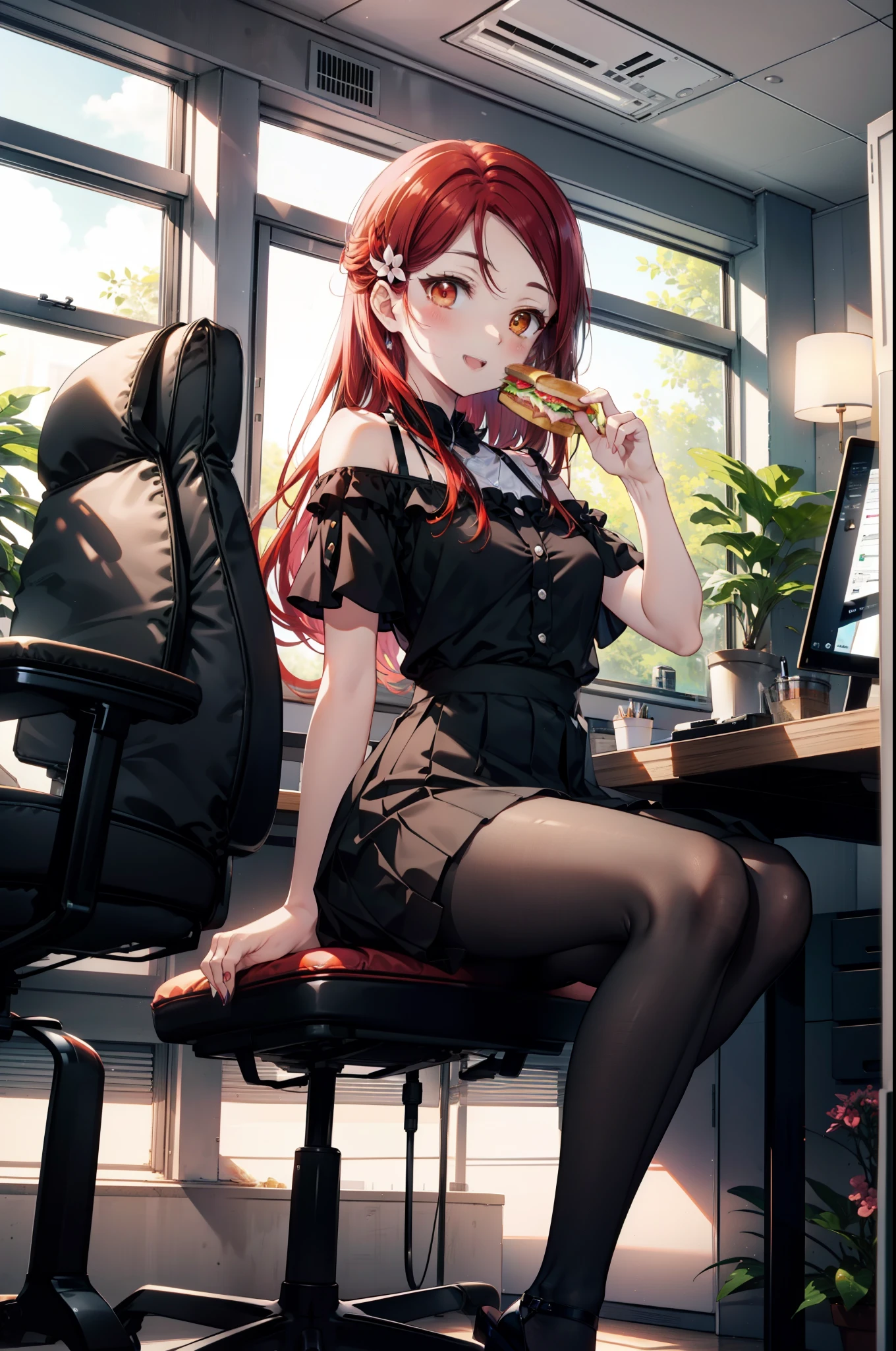 rikosakurauchi, Riko Sakurauchi, (Brown eyes:1.5), Hair between the eyes, Long Hair, (Redhead:1.5), (Small breasts:1.2), smile,Cold Shoulder Shirt,Short sleeve,Long skirt,Black pantyhose,Stiletto heels,Sitting in a chair,is holding a sandwich with both hands and eating it,There is a computer and a sandwich on the table.,interior,So that the whole body goes into the illustration,
break looking at viewer, 全身
break outdoors, office,
break (masterpiece:1.2), Highest quality, High resolution, unity 8k wallpaper, (figure:0.8), (Beautiful attention to detail:1.6), Highly detailed face, Perfect lighting, Highly detailed CG, (Perfect hands, Perfect Anatomy),