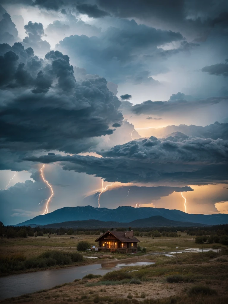 there is a small cabin with a pool in the middle of the yard, log cabin beneath the alps, very close to real nature, peaceful wooden mansion, luxurious wooden cottage, lake house, integrated in the mountains, soothing and cozy landscape, by Alexander Bogen, build in a forest near of a lake, idyllic cottage, chalet, beautiful place, by Jakub Husnik, lightning strikes through a cloud in a desert landscape, thunderstorm in the sky, magic storm and thunder clouds, thunderstorm, scary thunderstorm, thunderstorms, stormy weather with lightning, thick swirling tornado, with thunderstorms, beautiful tornado, during a thunderstorm, tornado twister, thunder storm, explosive storm, thunderstorm supercell, stormy sky with thunders, storms, lightning storm,