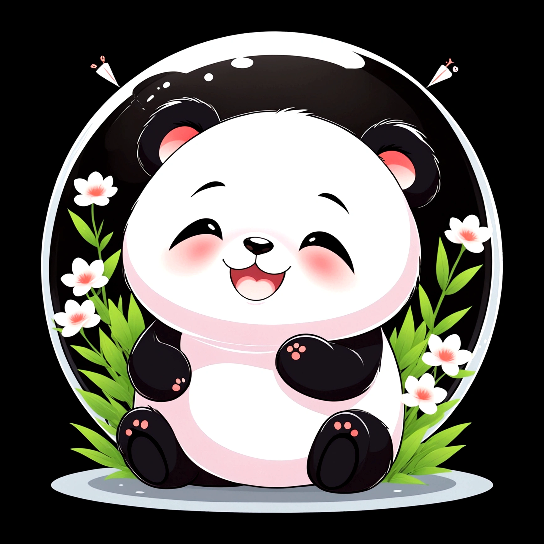 chibi panda happy in crystal ball, bamboo forest inside crystal ball, tshirt design, cute, anime style, kawaii, super detail, black background, midnight, moon light, glowing, butterfly, exquisite flower frame, HD, super detail, vector, digital art