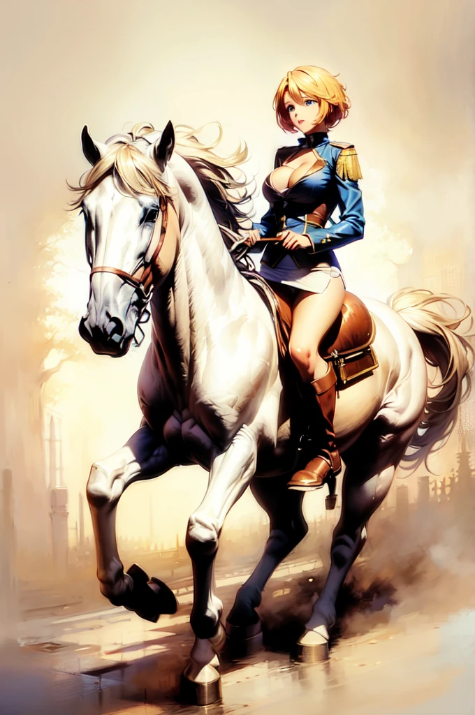 ((best quality)), ((anime masterpiece)), (high detailed), 8k, cinematic lighting, perfect face, large breast, cleavage, blue eyes, 1girl riding a WHITE HORSE, short hair, pixie cut, {blonde hair}, (sexy uniform, miniskirt, bare legs, black boots), [white horse, saddle, reins, bridle, stirups], solo, FULL BODY, both hand holding rein, (from side: 1.2), anatomically correct
