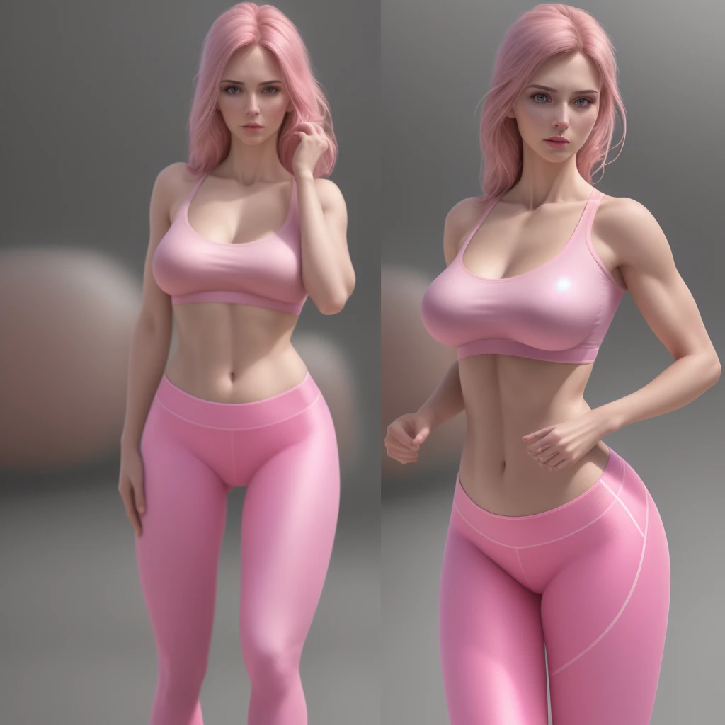Ultra detail, high resolution, (realistic, realistic:1.4), 8k, (best quality), physical-based rendering, photorealistic photos, professional color grading, highest quality, pink bra and tight pink leggings, full body, cropped t-shirt, slim body, 25 year old female model, Caucasian