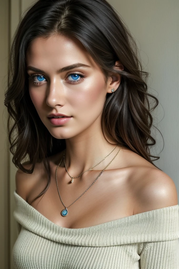 Stunning 21-year-old brunette with captivating blue eyes and black eyeliner. Sitting a desk, wearing short black skirt and white tank top.  Shes wearing a small jewel necklace, diamond studded earings,  bracelet and a anklet around left ankle 