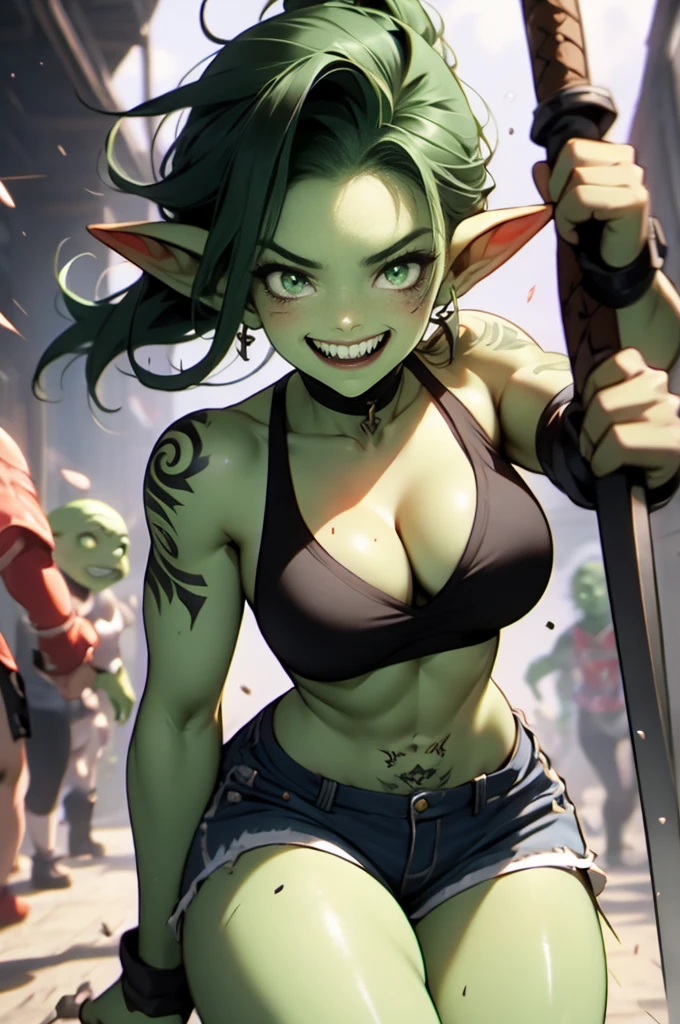 4k, extremely muscular goblin tomboy, brash, confident, light green skin, pointy ears, big grin, green eyes, short length messy green punk hair, very small breasts, many tattoos, face tattoo, sharp teeth, 1girl, solo, wearing black croptop, daisy duke shorts, leather armor, motion, motion blur, dynamic pose, action pose, cinematic, swinging a sword at a practice dummy, practicing, hitting hard, slashing, slicing, no bra, bouncing breasts