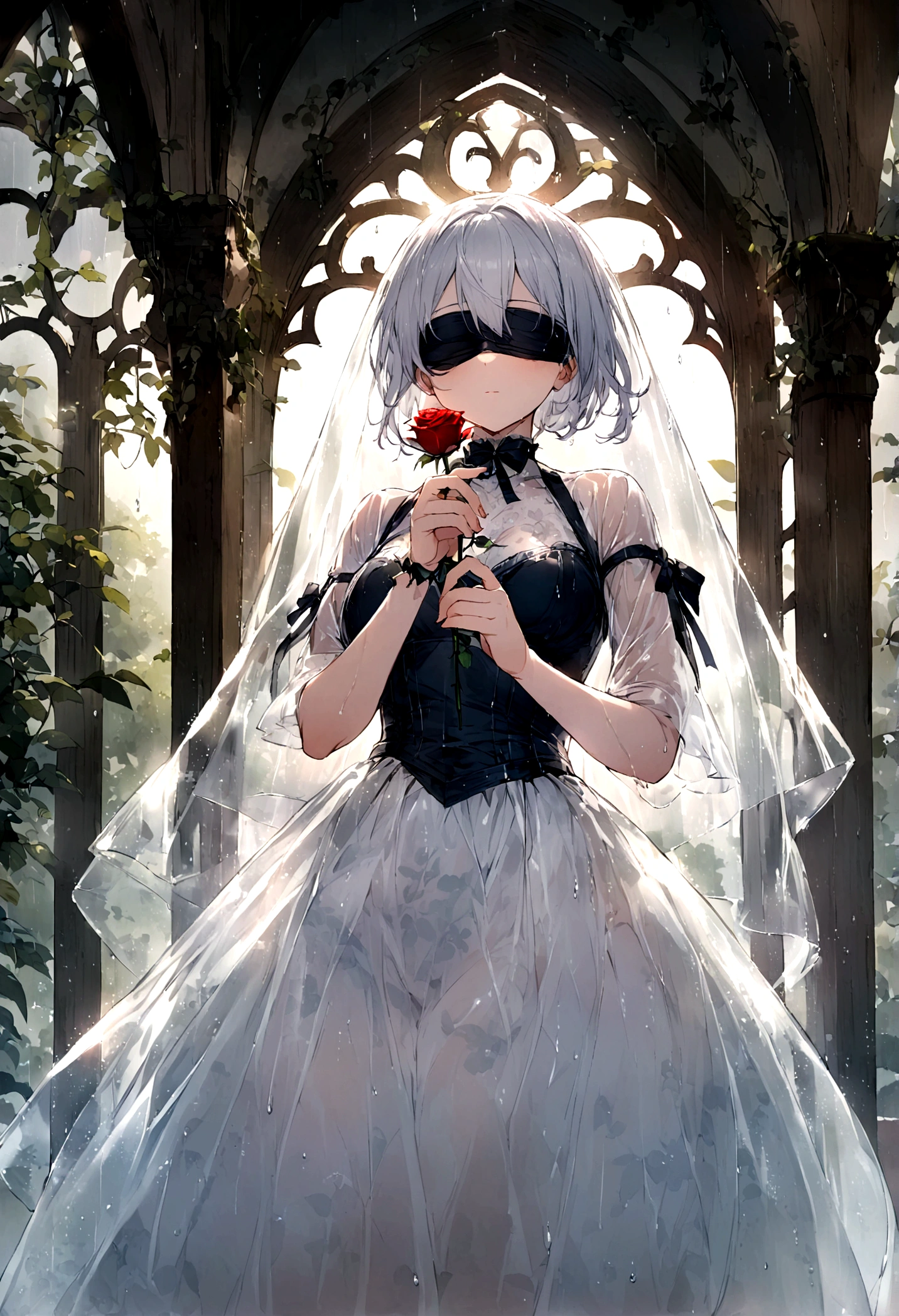 Girl，Wearing a dress，The ribbon is blindfolded，Rose in hand，rain