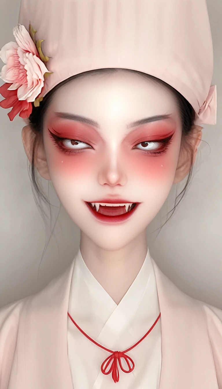 A beautiful vampire girl with fangs in red and white in the style of Hsiao Ron Cheng, cute cartoon character, minimalistic, simple design with a white background and simple colors in pastel tones with soft light and subtle shadows, sharp focus and high resolution.
