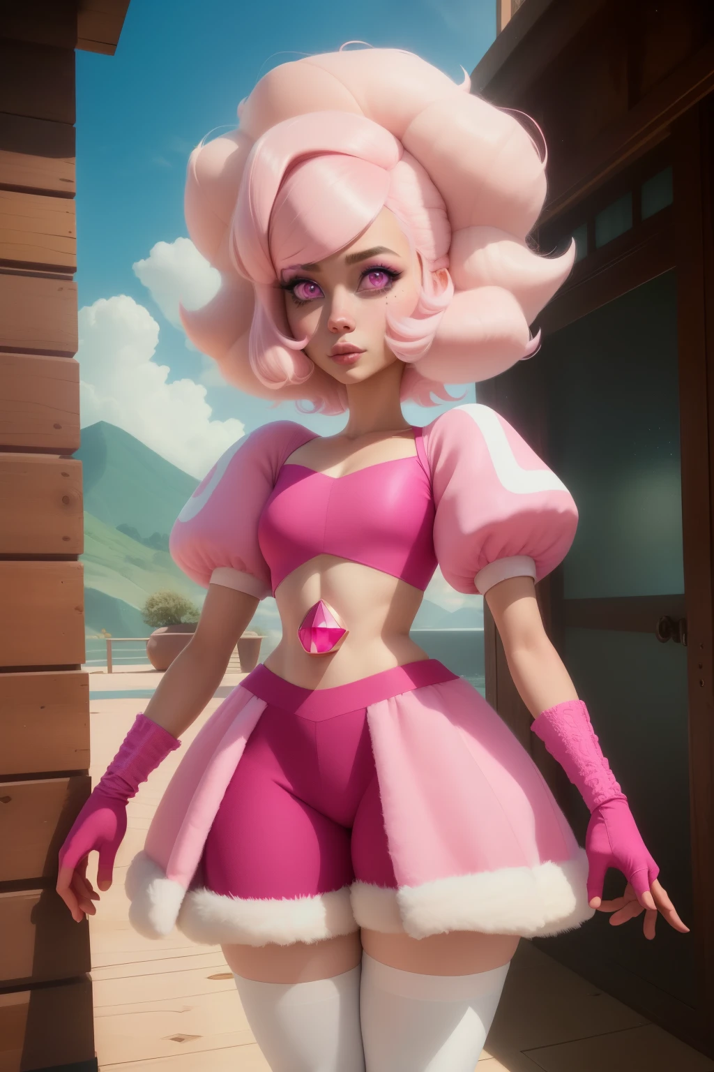 pnkdamond, pink hair, pink eyes, longye hair, stomach jewelry, Pink skin, toned,
puffy short sleeves, elbow gloves , white thigh highs, fluffy dress,
standing, upperbody,
outerspace,
(incredibily detailed, beautifull detailed face,beautiful detailed eyes, Masterpiece artwork, best qualityer) cinematic lighting, ssmile,