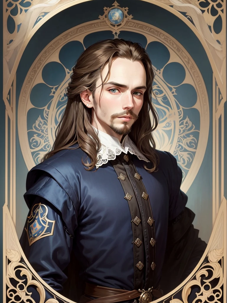 Portrait of Christopher Marlowe, extremely detailed face, white skin, piercing icy blue eyes, silky golden-brown hair, refined features, charp jawline, clean shaved, black Elizabethan velvet jerkin, white laced shirt, Art Nouveau style, Mucha style, Mucha background, realism, high quality