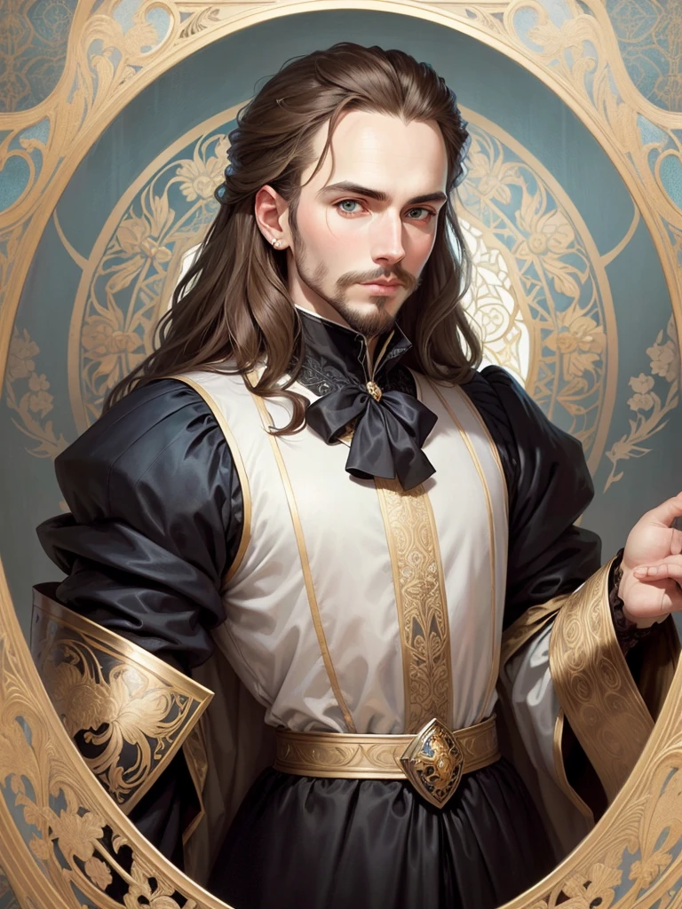Portrait of Christopher Marlowe, extremely detailed face, white skin, piercing icy blue eyes, silky golden-brown hair, refined features, charp jawline, clean shaved, black Elizabethan velvet jerkin, white laced shirt, Art Nouveau style, Mucha style, Mucha background, realism, high quality
