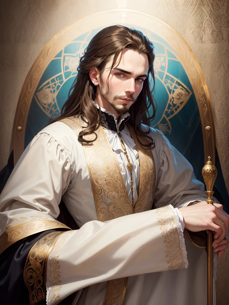 Portrait of Christopher Marlowe, extremely detailed face, white skin, piercing icy blue eyes, silky golden-brown hair, refined features, charp jawline, clean shaved, black Elizabethan velvet jerkin, white laced shirt, Art Nouveau style, Mucha style, Mucha background, realism, high quality