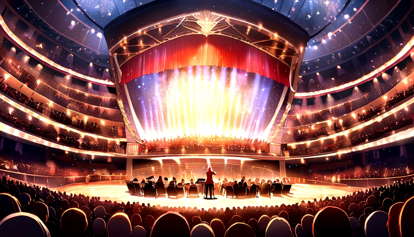 Symphony orchestra performing in a concert hall，A large number of people