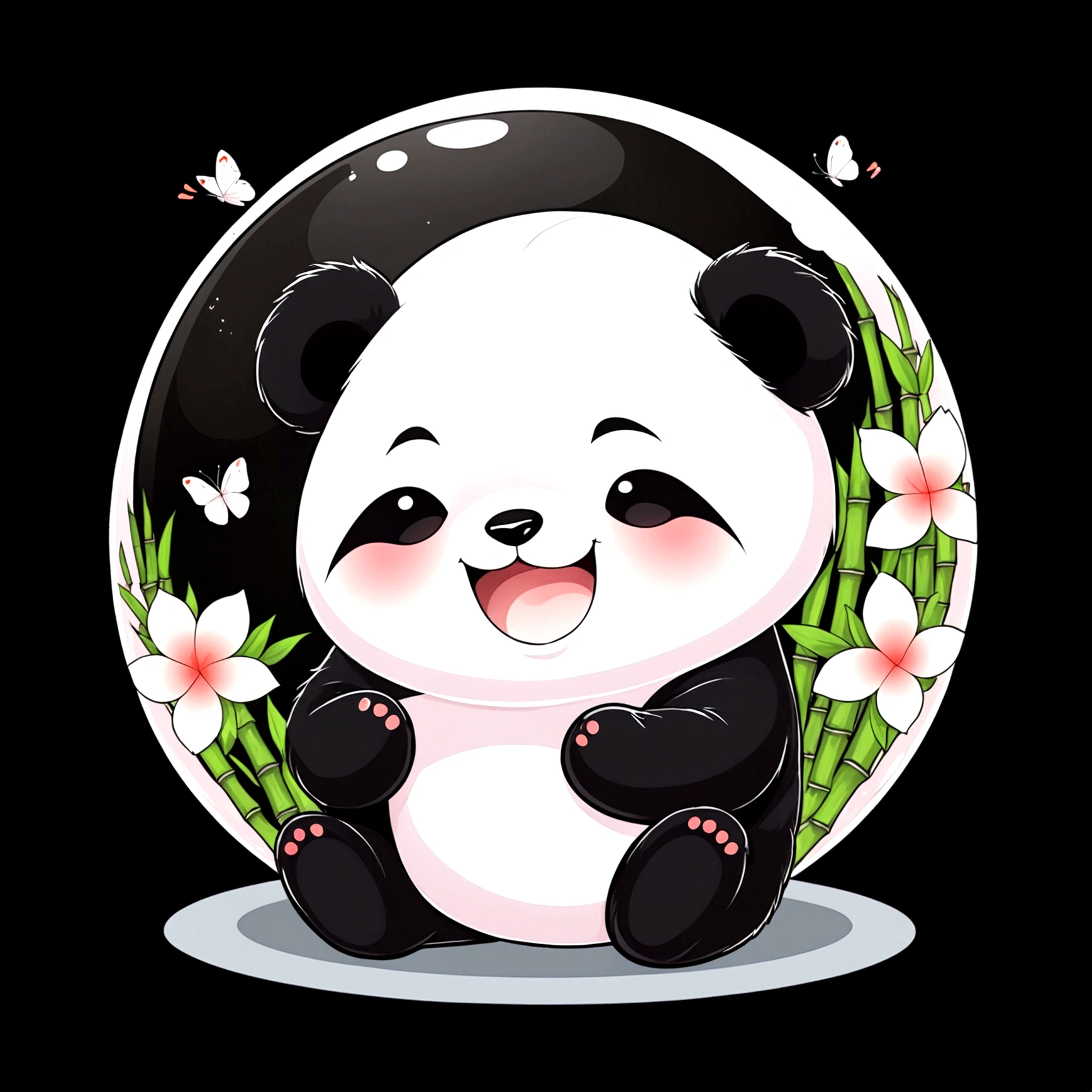 chibi panda happy in crystal ball, bamboo forest inside crystal ball, tshirt design, cute, anime style, kawaii, super detail, black background, midnight, moon light, glowing, butterfly, exquisite flower frame, HD, super detail, digital art