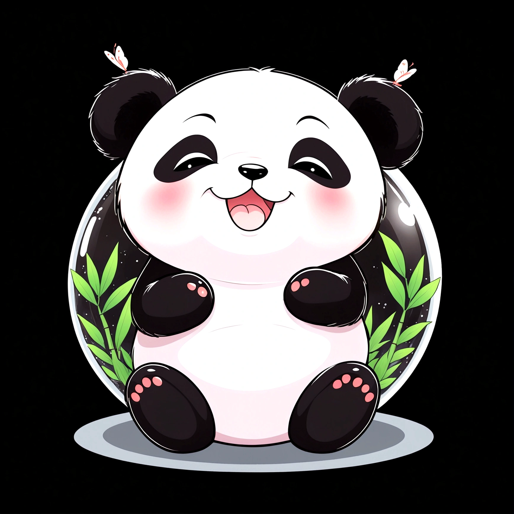 chibi panda happy in crystal ball, bamboo forest inside crystal ball, tshirt design, cute, anime style, kawaii, super detail, black background, midnight, moon light, glowing, butterfly, exquisite flower frame, HD, super detail, digital art