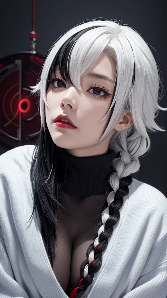 Realism、Blatant、-yeld giWear a black turtleneck sweater,Face enhancement,Big breasts zoom,Emphasize cleavage,Super huge ,Looking from the bottom up,White hair,Black Hair,Colorful Hair,short hair,Straight Hair,white long braid,Glowing red eyes,Red X pupil,Cold expression,Red lips,Sexy,Sitting on the bed,Sexy、Hold the back of your head with both hands、Wearing a turtleneck sweater,Sweaty face