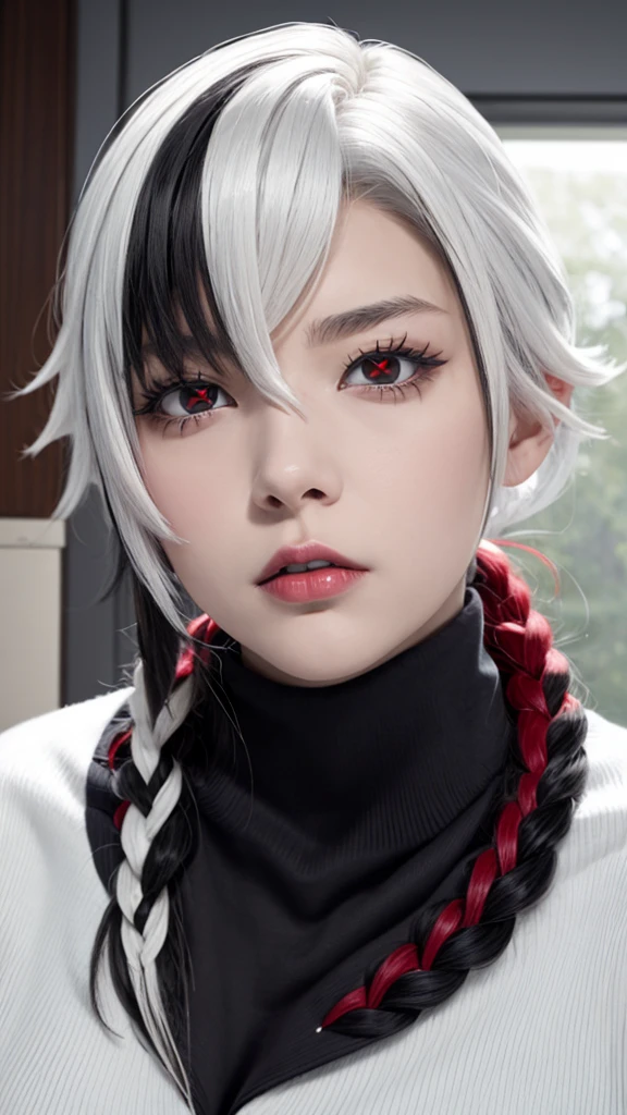 Realism、Blatant、17-year-old girl、Wear a black turtleneck sweater,Face enhancement,Big breasts zoom,Emphasize cleavage,Super huge ,Looking from the bottom up,White hair,Black Hair,Colorful Hair,short hair,Straight Hair,white long braid,Glowing red eyes,Red X pupil,Cold expression,Red lips,Sexy,Sitting on the bed,Sexy、Hold the back of your head with both hands、Wearing a turtleneck sweater,Sweaty face