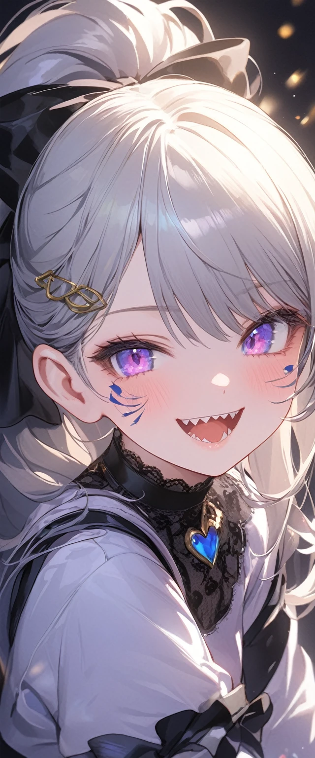 woman\((Blood:1.2),12 years old,Pale skin,(Wicked Smile:1.3),Open your mouth,Sharp teeth,hair\(black,ponytail,detailed,Shiny\),hairclip\(Yellow and white\),shirt\(Open shoulder,Long sleeve\),skirt\(black,short\),Tea belt,Corner of the eye\(light blue\),(Narrow eyes\(gray\):0.8),very cute pose,chest\), break ,background\(Simple,cute,Fancy,dark,light blueheart marks\), break ,quality\(8K,wallpaper of extremely detailed CG unit, masterpiece,High resolution,top-quality,top-quality real texture skin,Surreal,Increase the resolution,RAW Photos,最高quality,highly detailed,wallpaper,Cinema Lighting,Ray-tracing,Golden Ratio\),(Dynamic Angle),(Face close-up:1.8),[Browsing Caution:2.0],Looking down at the viewer,Blurry,Menhera