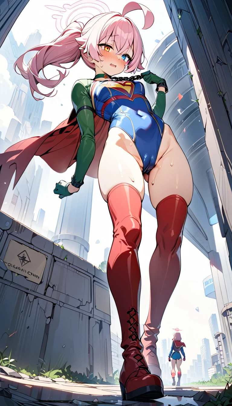 (full body), (masterpiece:1.2), (Highest_quality:1.2), (Ultra_detailed:1.3), 8K, Low - Angle,From below, 1 Girl,alone,大きなButtの女の子, red knee high long boots,wearing spcc costume with cape,( Supergirl), Blue leotard,Red mini skirt,Red Cape,gloves,hoshino-ponytail,hoshino \(blue archive\), heterochromia,medium hair,ponytail,pink hair,ahoge,Halation,(Browsing Caution,Heart-shaped pupils,Masturbation,Masturbation,Man muscle,Groin, Butt,Sweat,,Climax,To convulsions,Wear a green collar,wrists tied with chains),