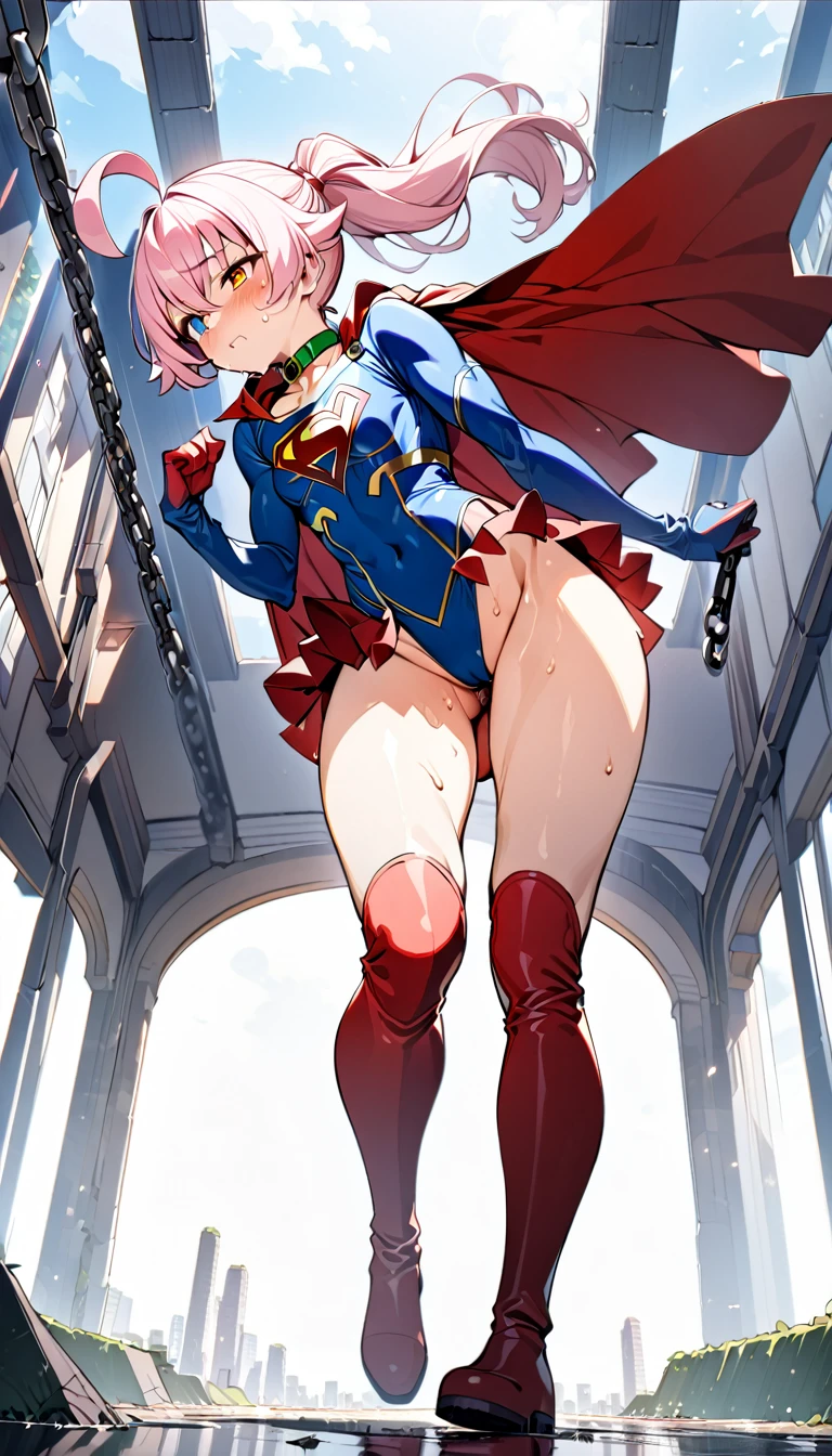 (full body), (masterpiece:1.2), (Highest_quality:1.2), (Ultra_detailed:1.3), 8K, Low - Angle，From below， 1 Girl，alone，大きなButtの女の子, red knee high long boots，wearing spcc costume with cape，( Supergirl), Blue leotard，Red mini skirt，Red Cape，gloves，hoshino-ponytail,hoshino \(blue archive\), heterochromia,medium hair,ponytail,pink hair,ahoge,Halation,(Browsing Caution,Heart-shaped pupils,Masturbation，Masturbation，Man muscle，Groin, Butt,Sweat,，Climax，To convulsions，Wear a green collar，wrists tied with chains)，