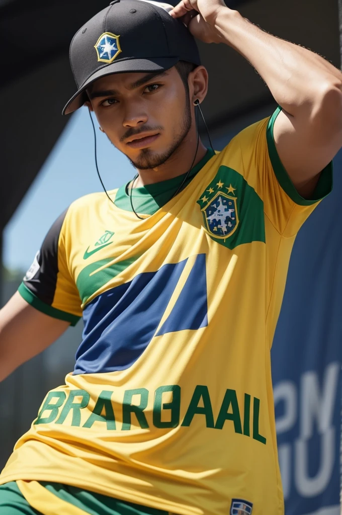 Man wearing a cap and gamer headset with the Brazil shirt playing Valorant holding a banner written let's go bill cartoon ultra hd quality