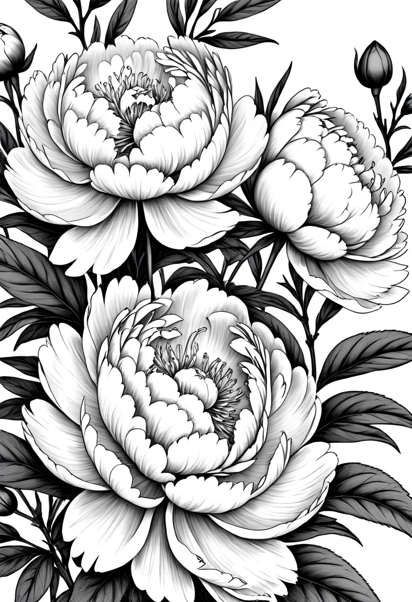 thin line drawing without shading and without black areas, drawing of many peonies, On white background, monochrome, black andwhite, no shadows, white background, clear leaves, white sheets, light white leaves