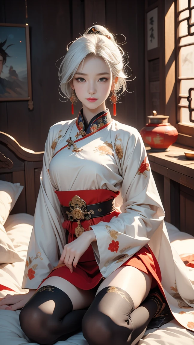 A very beautiful 19-year-old woman, (white hair:0,5), bob haircut, short hair, (yellow eyes:0.5) bright golden eyes, red nails, young beautiful face, muscular, slim but well-proportioned body, perfect white skin, highly detailed drawing, realistic face. (((Wearing traditional Chinese imperial clothes black,))) ((red skirt with contour golden,)) (with red Hanafuda earrings,) (garterbelt black thigh-high socks.) Kneeling on a white bed in an ancient Chinese room, with a full moon and stars visible through the window, with light flashes reflecting on her body. 4k anime art, perfect lighting.