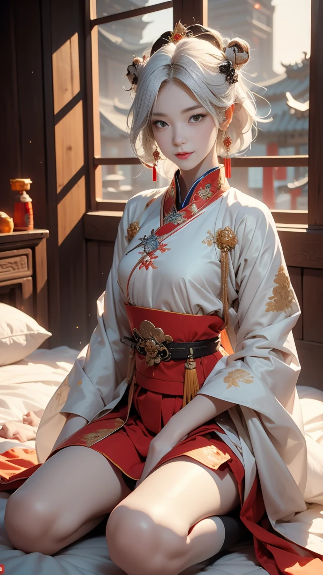 A very beautiful 19-year-old woman, (white hair:0,5), bob haircut, short hair, (yellow eyes:0.5) bright golden eyes, red nails, young beautiful face, muscular, slim but well-proportioned body, perfect white skin, highly detailed drawing, realistic face. (((Wearing traditional Chinese imperial clothes black,))) ((red skirt with contour golden,)) (with red Hanafuda earrings,) (garterbelt black thigh-high socks.) Kneeling on a white bed in an ancient Chinese room, with a full moon and stars visible through the window, with light flashes reflecting on her body. 4k anime art, perfect lighting.
