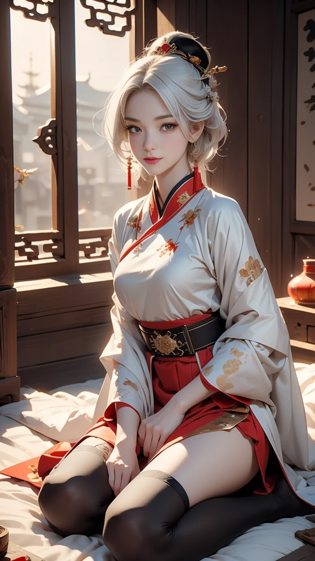 A very beautiful 19-year-old woman, (white hair:0,5), bob haircut, short hair, (yellow eyes:0.5) bright golden eyes, red nails, young beautiful face, muscular, slim but well-proportioned body, perfect white skin, highly detailed drawing, realistic face. (((Wearing traditional Chinese imperial clothes black,))) ((red skirt with contour golden,)) (with red Hanafuda earrings,) (garterbelt black thigh-high socks.) Kneeling on a white bed in an ancient Chinese room, with a full moon and stars visible through the window, with light flashes reflecting on her body. 4k anime art, perfect lighting.