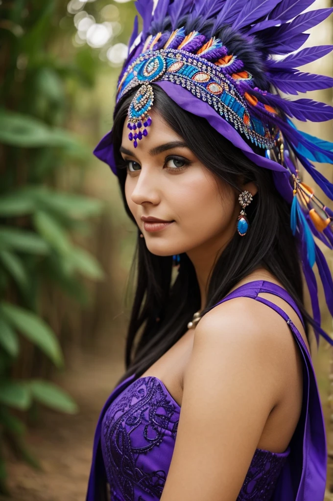 Woman wearing a purple dress and blue headdress