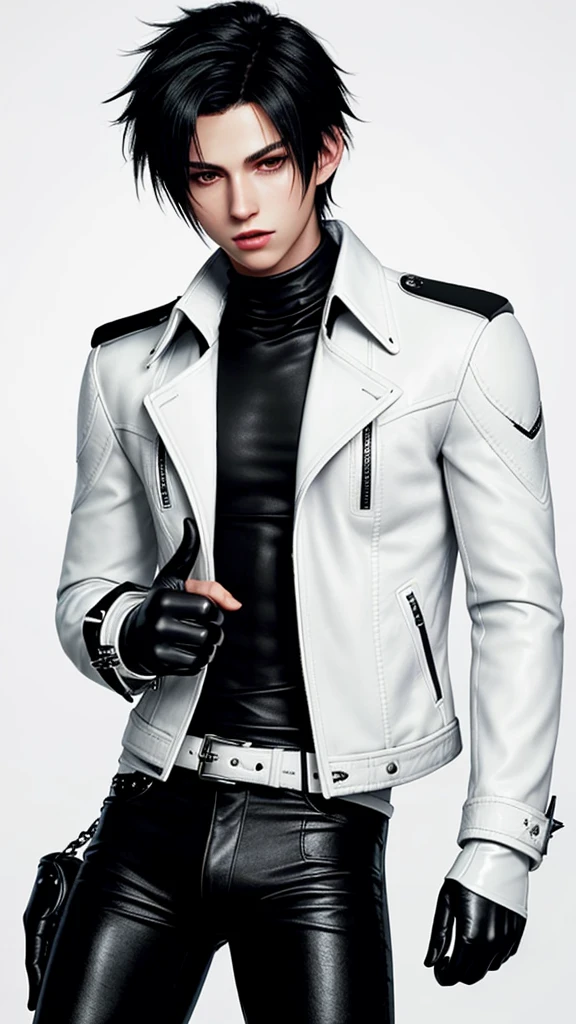 Final fantasy taste and reality graphics, Japanese young cute and cool ikemen boy, his age is early 20s, thin eyebrows and beady eyes, he wearing off white color leather thick singlebrest biker jacket, with epaulet, must close the front of the leather jacket, jacket is biker style, jacket is voluminous, , jacket collar is high length stand-up collar with belts, jacket is a little black line pattern,close the front of the jacket, also wearing black thick turtleneck lackluster shirts, tight black leather pants, shiny black leather tight and thin glove, black leather knee-high raceup boots,must views head-to-toe,must views whole body, boy looks like fashion model,Do not show skin from the neck down,leather jacket leather glove and leather pants have few wrinkles,boy in the room,