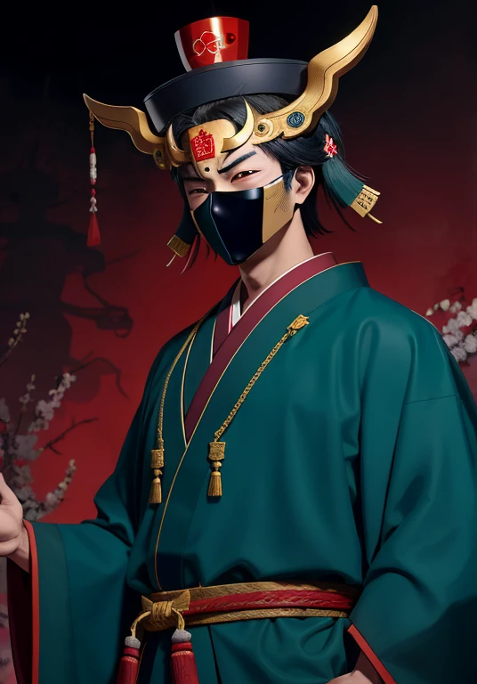shinto priest wearing a otafuku mask, throwing ghosts with both hands, His suit is blue with classical detailed black green and red lines, red belt, red hat and gold ribbons on the closures, red luminous eyes, background macabre of tombs,
